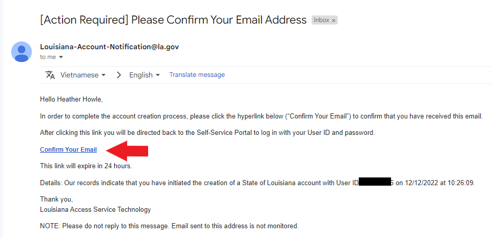Image of email from Louisiana-Account-Notification@la.gov to confirm your email.